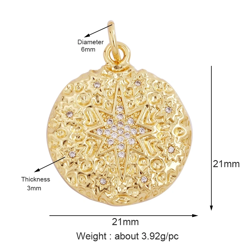 Trendy Sun Moon Star Shell 18K Gold Plated Charm Pendant,Inlaid Shining CZ Zirconia Jewelry Necklace Bracelet Making Supply M52