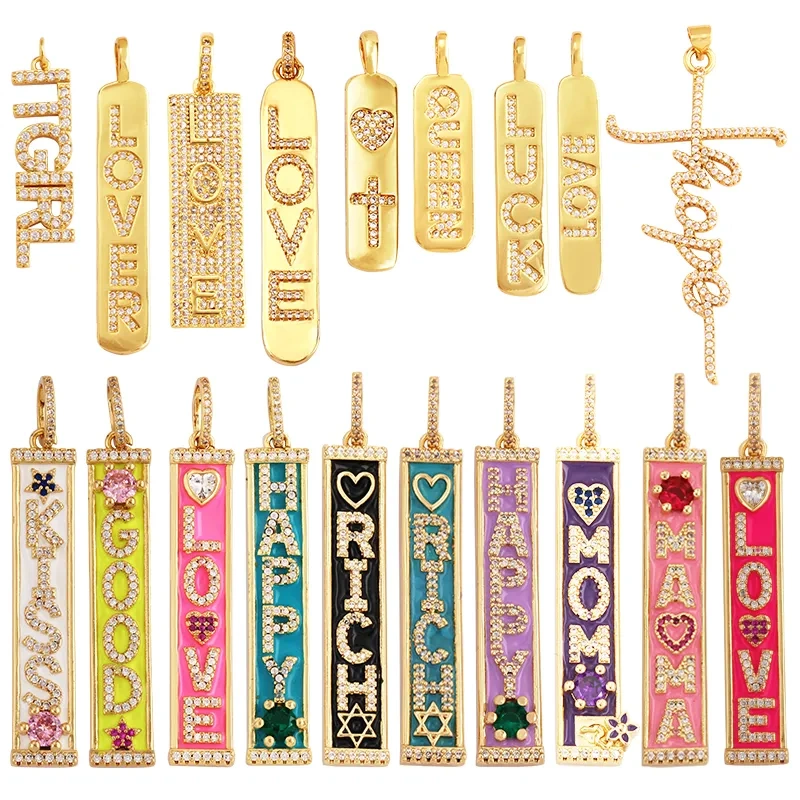 Mom Mama Rich Fashion Paved Zircon Charm Focal Pendant,18K Gold KISS LOVE GOOD LUCK QUEEN Letter Jewelry Necklace Accessorie M22