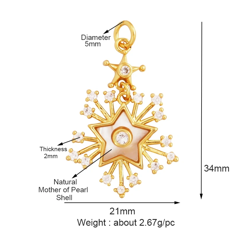 Trendy Sun Moon Star Shell 18K Gold Plated Charm Pendant,Inlaid Shining CZ Zirconia Jewelry Necklace Bracelet Making Supply M52