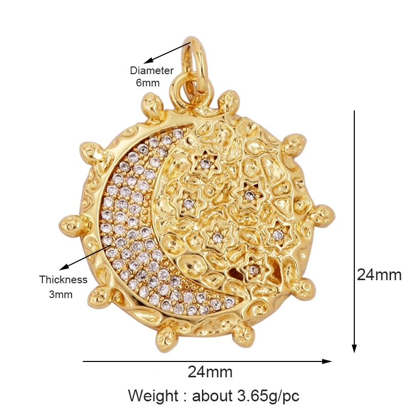 Trendy Sun Moon Star Shell 18K Gold Plated Charm Pendant,Inlaid Shining CZ Zirconia Jewelry Necklace Bracelet Making Supply M52
