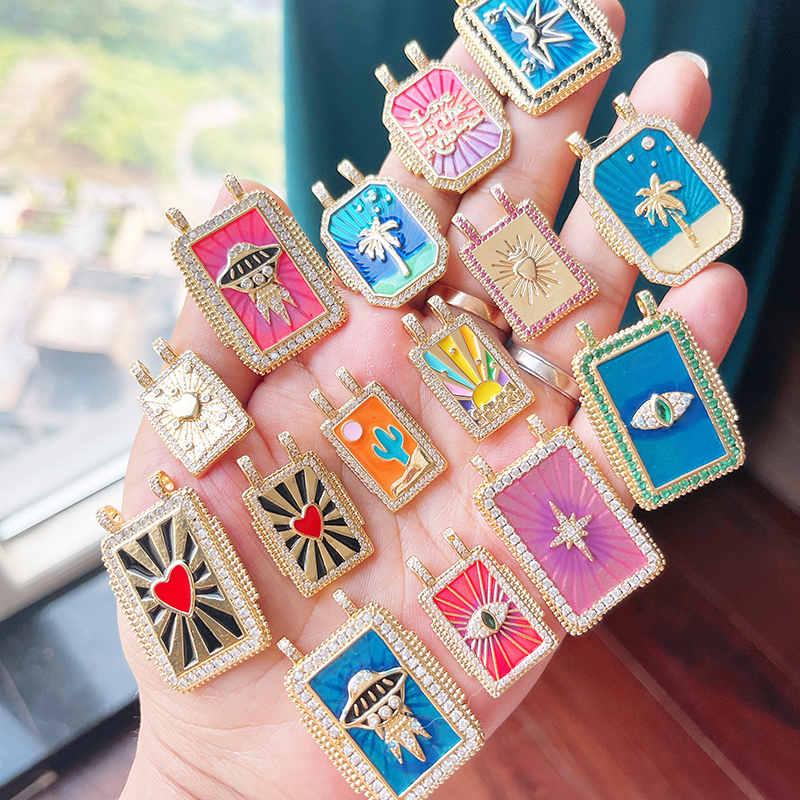 Bohemian Enamel Tarot Cards Coconut Tree Cactus Love Space Star Stripe Heart Eye Charm Pendant, Jewelry Accessories Supplies K86