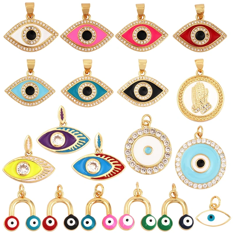 Enamel Evil Eye Charm Pendant,18K Real Gold Plated Cubic Zirconia CZ Paved, Jewelry Necklace Bracelet Accessories Supplies M91