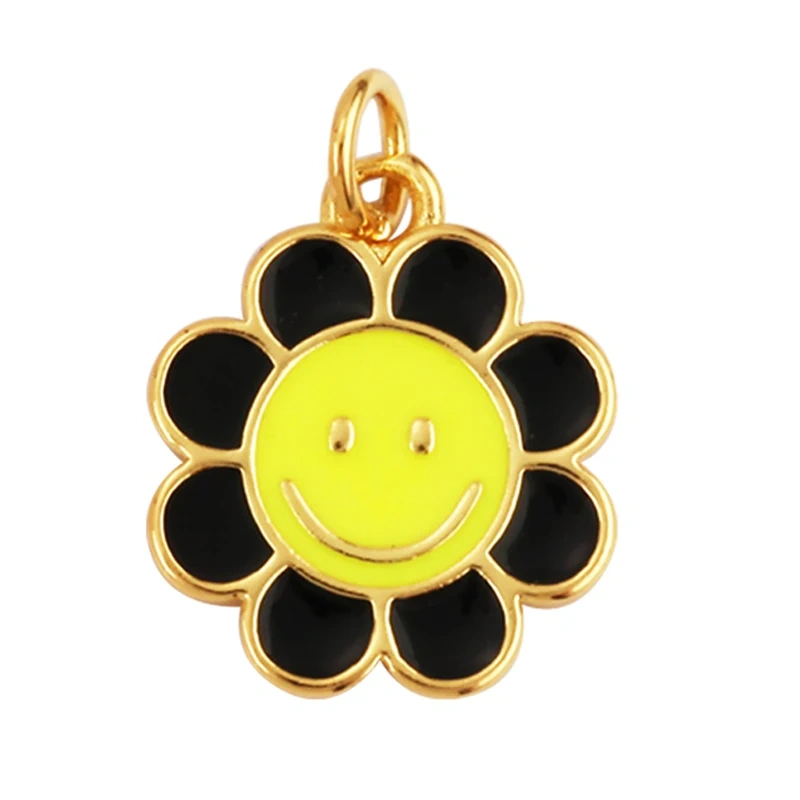 Happy Smiling Face Sun Flower Enamel Charm Pendant 18K Real Gold Plated, Jewelry Accessories  for Bracelets Necklaces Making M28