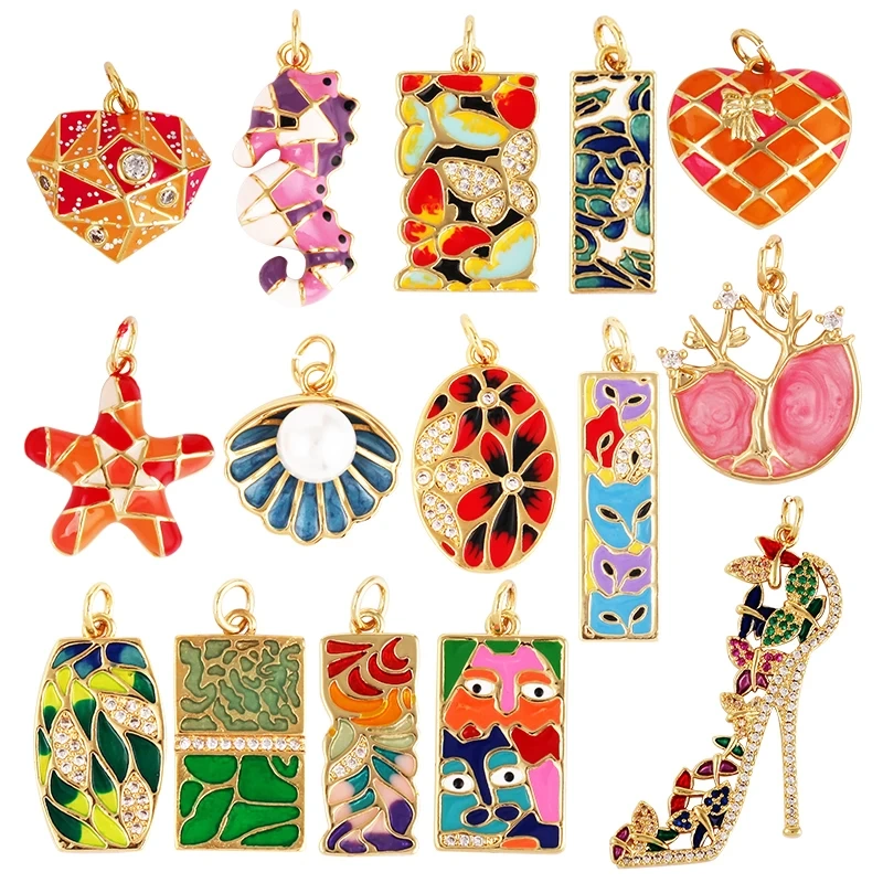 Mosaic Enamel Sea Animal Star Fish Shell Plant Face Flower Fox High Heel Charm Pendant , Necklace Bracelet Making Supplies L10