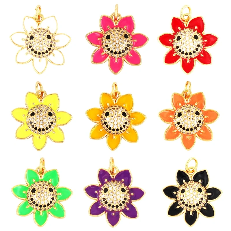 Happy Smiling Face Sun Flower Enamel Charm Pendant 18K Real Gold Plated, Jewelry Accessories  for Bracelets Necklaces Making M28
