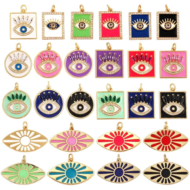 Oil Dropped Enamel Evil Eye Rectangle Square Round Oval Tag Geometry Charm Pendant,18K Gold Zircon Necklace Bracelet Supply M91