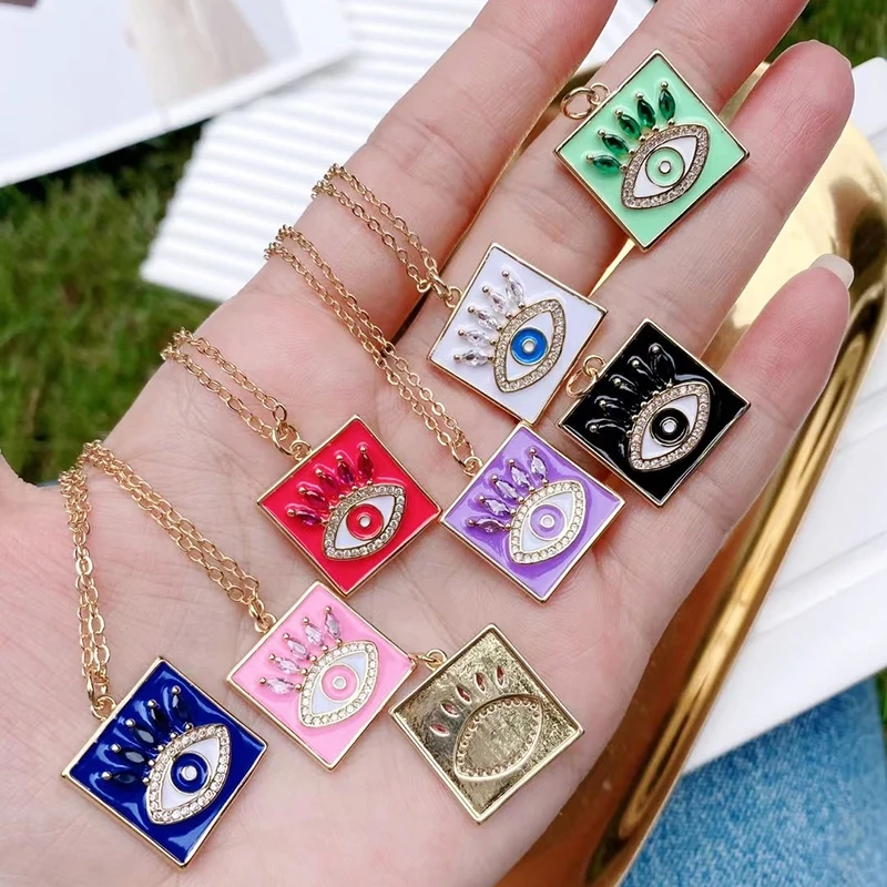 Oil Dropped Enamel Evil Eye Rectangle Square Round Oval Tag Geometry Charm Pendant,18K Gold Zircon Necklace Bracelet Supply M91
