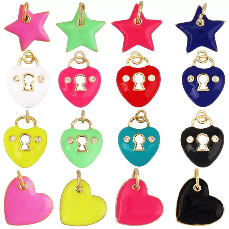 Enamel Lock Heart Star Charm, 18K Real Gold Plated Colour,Necklace Bracelet Pendant for Handmade Jewelry Supplies M90
