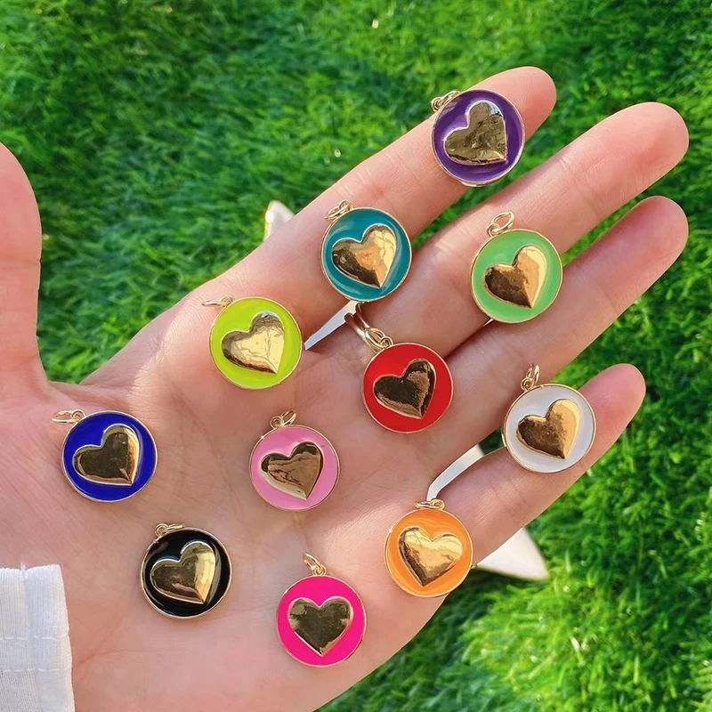 Star Coin Heart Enamel Charm Neon Pink Orange Turquoise Blue Oil Dropped,Real Gold Plated ,Necklace Bracelet Pendant L19 M81