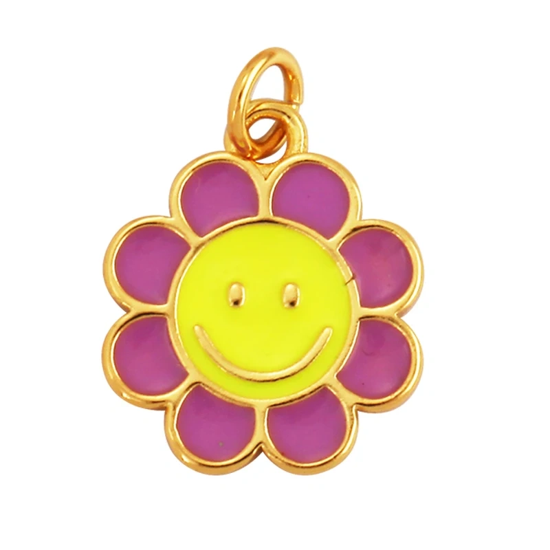 Happy Smiling Face Sun Flower Enamel Charm Pendant 18K Real Gold Plated, Jewelry Accessories  for Bracelets Necklaces Making M28