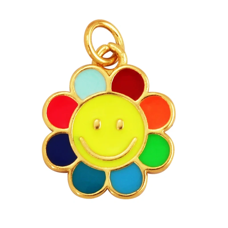 Happy Smiling Face Sun Flower Enamel Charm Pendant 18K Real Gold Plated, Jewelry Accessories  for Bracelets Necklaces Making M28