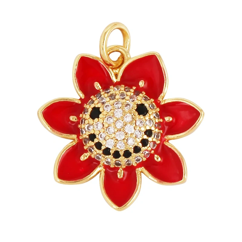 Happy Smiling Face Sun Flower Enamel Charm Pendant 18K Real Gold Plated, Jewelry Accessories  for Bracelets Necklaces Making M28