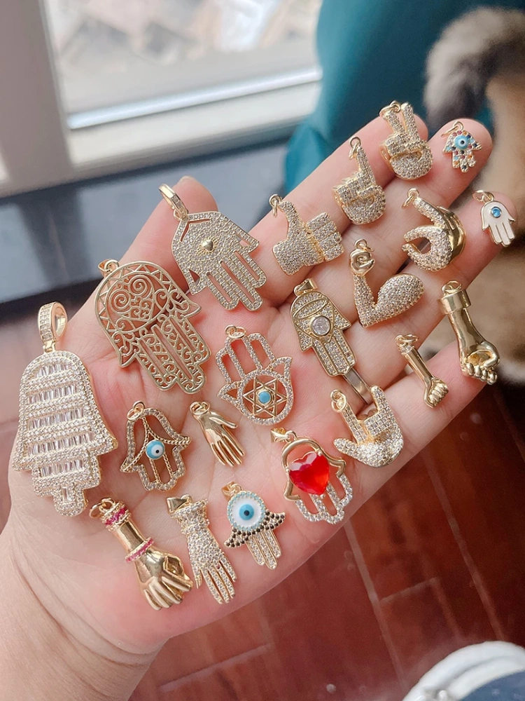 Oil Dropped Enamel Hollow Hamsa Hand Shape Charm Focal Pendant,Colourful Cubic Zircon Necklace Jewelry Making Accessories M59