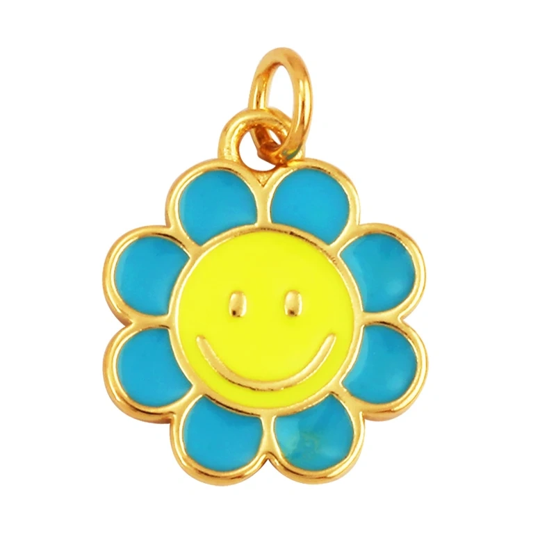 Happy Smiling Face Sun Flower Enamel Charm Pendant 18K Real Gold Plated, Jewelry Accessories  for Bracelets Necklaces Making M28