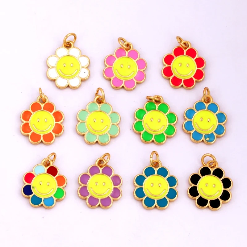 Happy Smiling Face Sun Flower Enamel Charm Pendant 18K Real Gold Plated, Jewelry Accessories  for Bracelets Necklaces Making M28