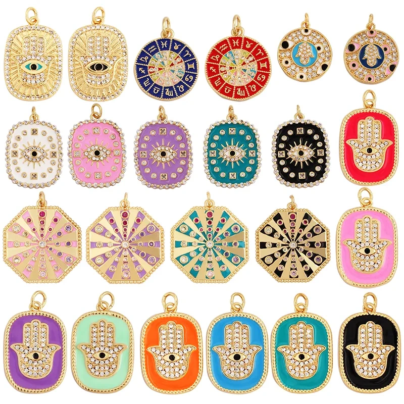 Fashion Colourful Turkish Evil Luck Eye Hand Charm Pendant,Simple Geometric Zircon Horoscope Sign Necklace Jewelry  Supplies M36