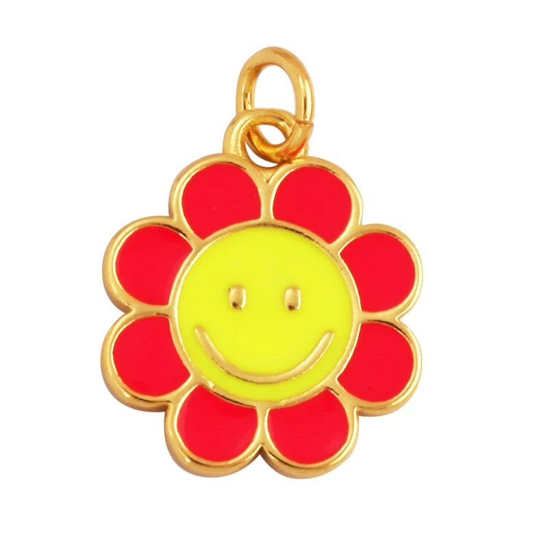 Happy Smiling Face Sun Flower Enamel Charm Pendant 18K Real Gold Plated, Jewelry Accessories  for Bracelets Necklaces Making M28