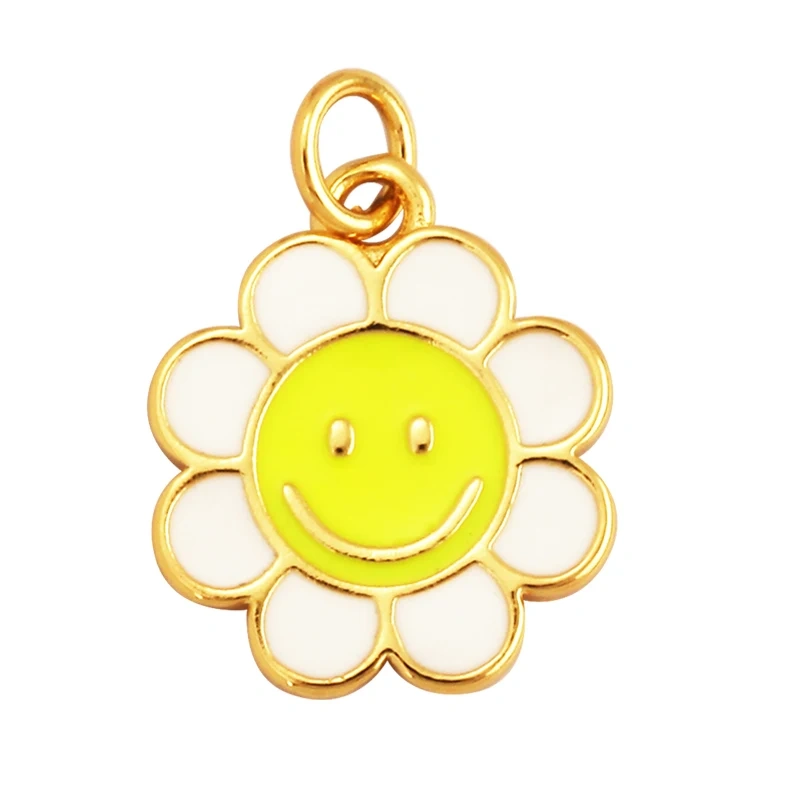 Happy Smiling Face Sun Flower Enamel Charm Pendant 18K Real Gold Plated, Jewelry Accessories  for Bracelets Necklaces Making M28