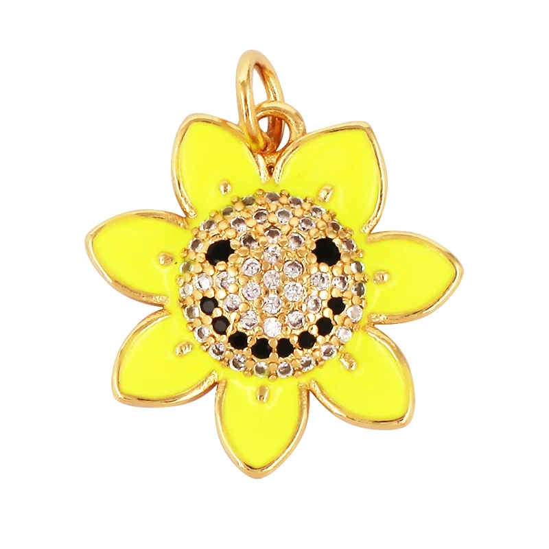 Happy Smiling Face Sun Flower Enamel Charm Pendant 18K Real Gold Plated, Jewelry Accessories  for Bracelets Necklaces Making M28