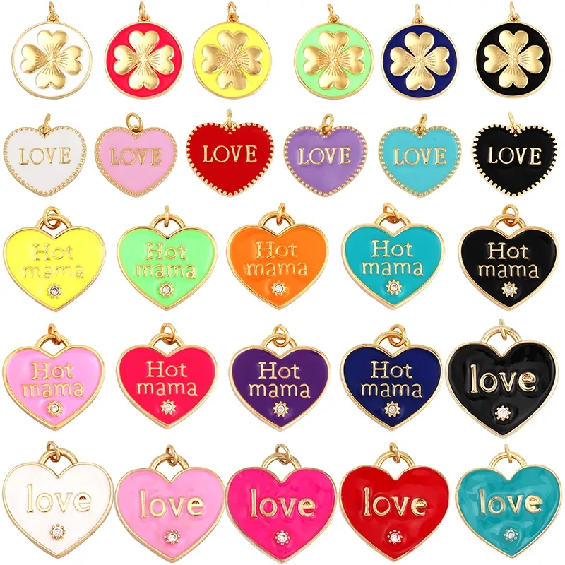 Clover Love Heart Hot Mama Enamel Charm Neon Pink  Turquoise Blue Oil Dropped,18K Gold Plated Necklace Bracelet Pendant M24