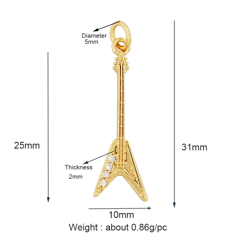 Trendy Musical Instruments Guitar Charm Pendant,Newest Design Minimalism Brass 18K Jewelry Findings Handmade Necklace Supply L09