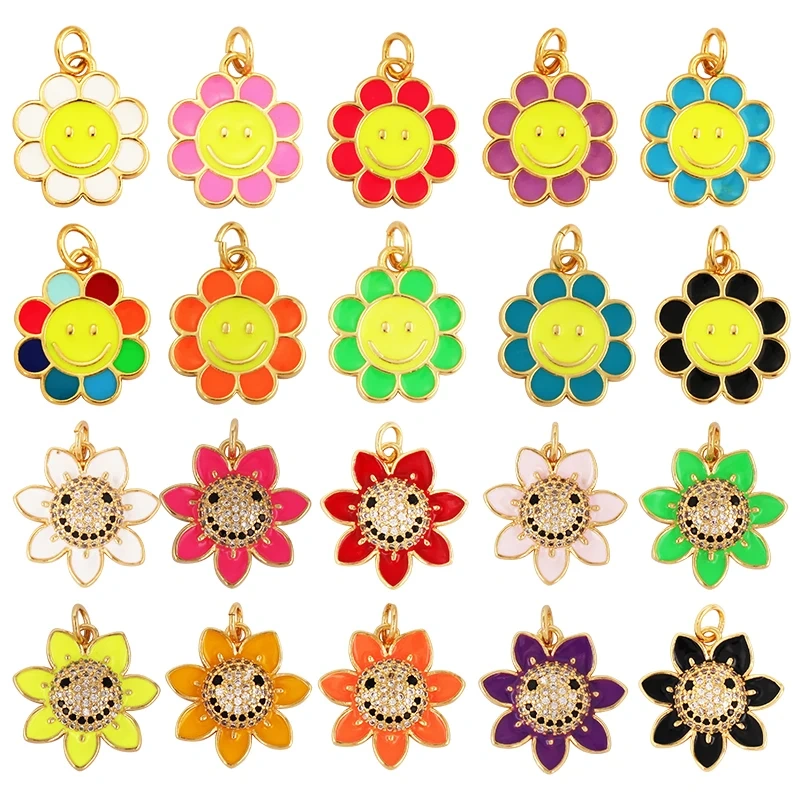 Happy Smiling Face Sun Flower Enamel Charm Pendant 18K Real Gold Plated, Jewelry Accessories  for Bracelets Necklaces Making M28