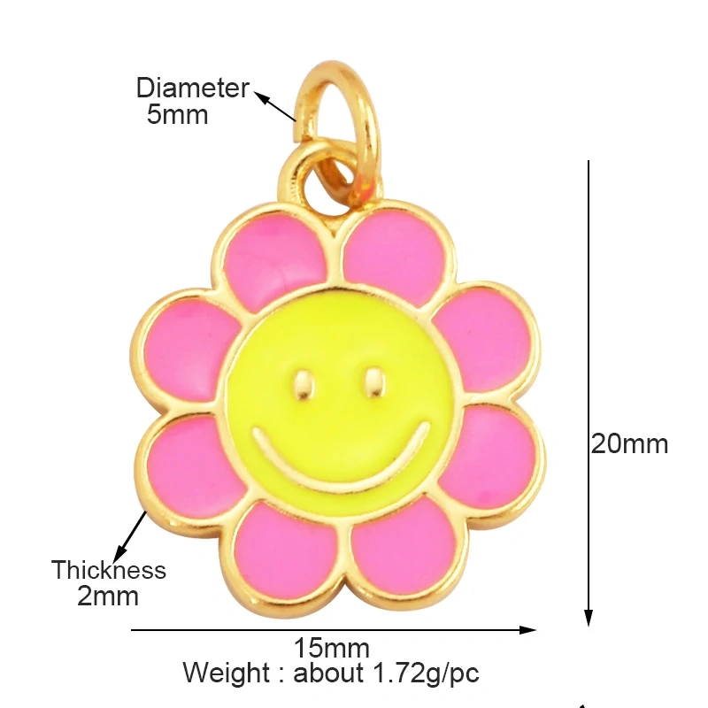 Happy Smiling Face Sun Flower Enamel Charm Pendant 18K Real Gold Plated, Jewelry Accessories  for Bracelets Necklaces Making M28