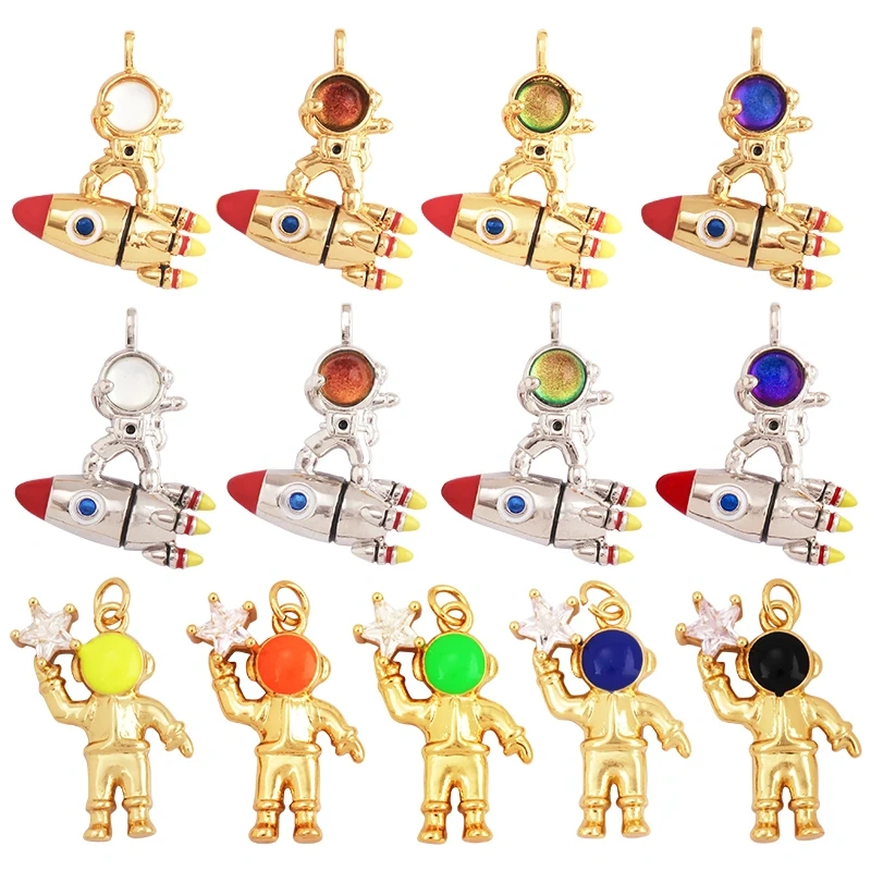New Style Cute Spaceman 18K Gold Charm Pendant,Trendy Colourful Inlaid Star Zircon Jewelry Necklace Making Wholesale Supply L09