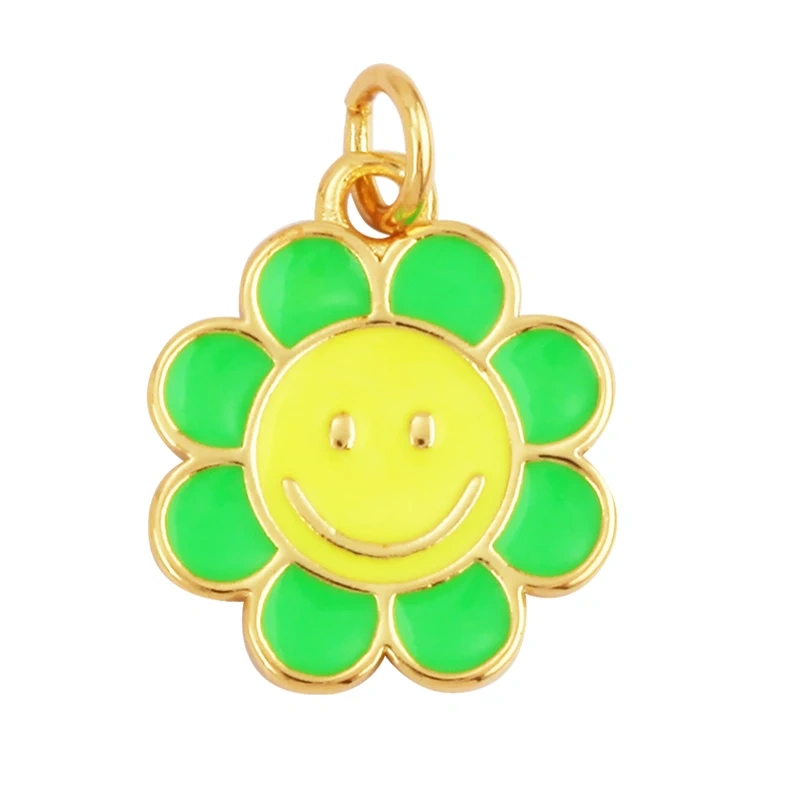 Happy Smiling Face Sun Flower Enamel Charm Pendant 18K Real Gold Plated, Jewelry Accessories  for Bracelets Necklaces Making M28