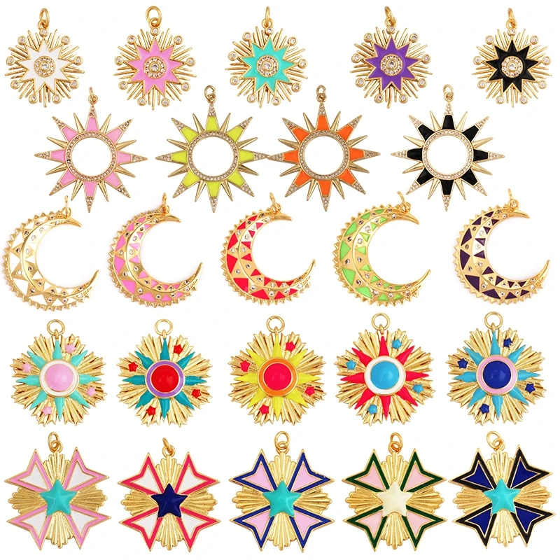 Enamel Sun Moon Clear CZ Gold Charm Pendant, Cubic Zirconia CZ Paved,Jewelry Necklace Bracelet Accessories M26 M37