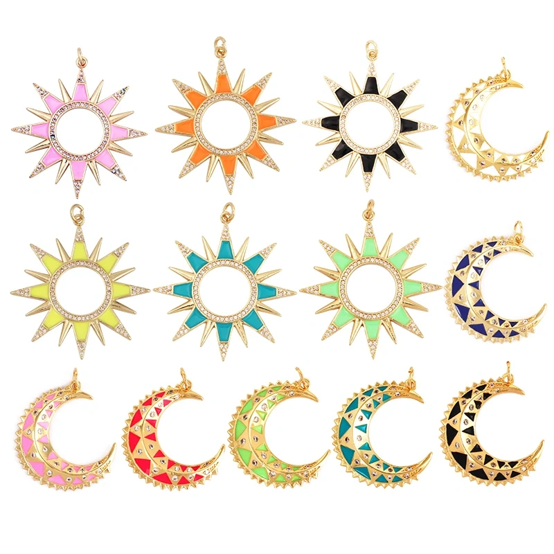 Enamel Sun Moon Clear CZ Gold Charm Pendant, Cubic Zirconia CZ Paved,Jewelry Necklace Bracelet Accessories M26 M37