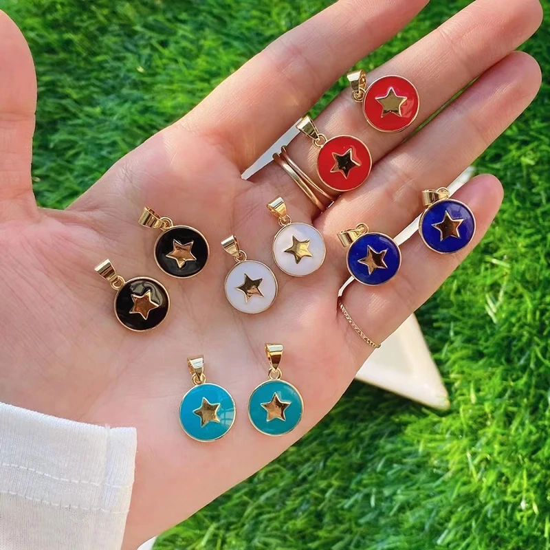 2022 New Star Coin Enamel Charm Neon Pink Orange Turquoise Blue Oil Dropped,Real Gold Plated ,Necklace Bracelet Pendant M97