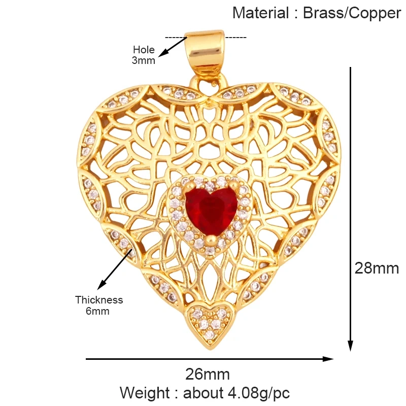 Classics Love Heart Cubic Zirconia Charm Pendant,Fashion Colourful Heart Shape Real 18K Gold Plated Craft Jewelry Supplies K90