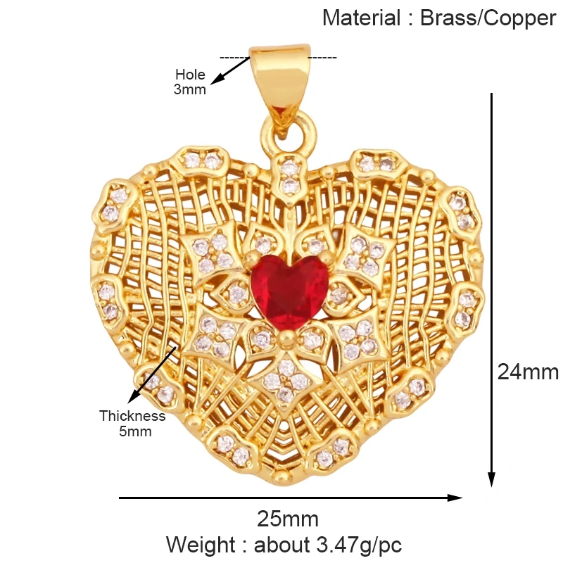 Classics Love Heart Cubic Zirconia Charm Pendant,Fashion Colourful Heart Shape Real 18K Gold Plated Craft Jewelry Supplies K90