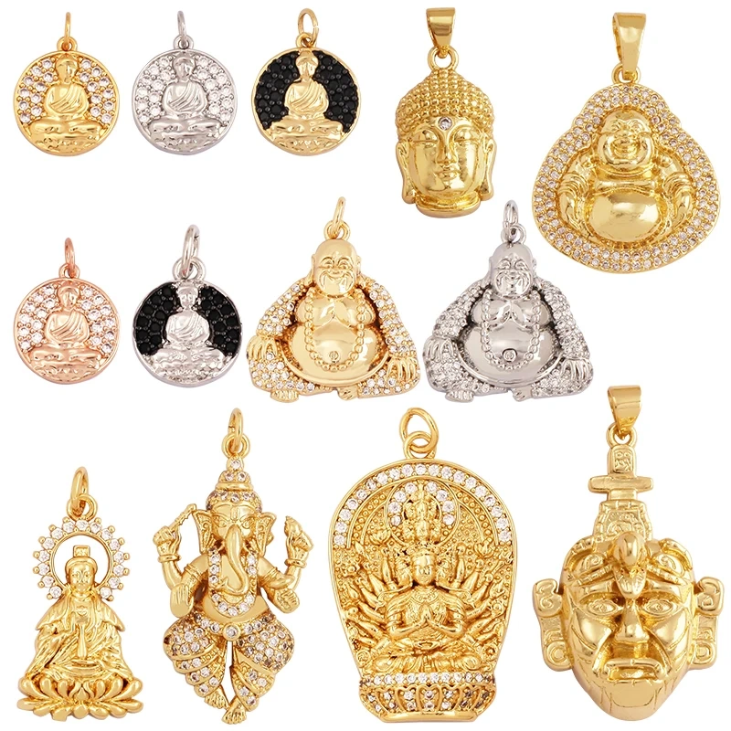 Maitreya Sakyamuni Buddha Religious Charm Pendant,Micro Pave Clear Cubic Zirconia 18K Gold Necklace Handmade Jewelry Supply L02
