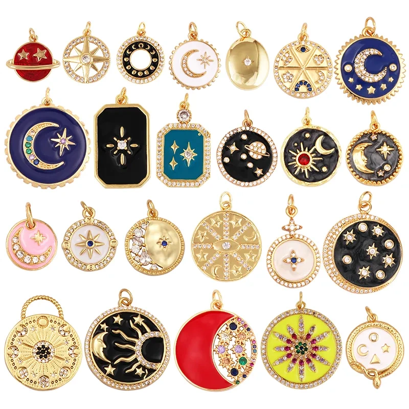 Sun Moon Star Celestial Charm Pendant,Real Gold Plated Cubic Zirconia CZ Paved,Jewelry Necklace Bracelet Accessories Supply M17