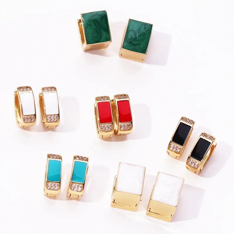 Simple Rectangular Geometric Earrings Red Blue Black White Enamel 18K Real Gold Plated,Women Girl Her Spring Jewelry Jewelry P15