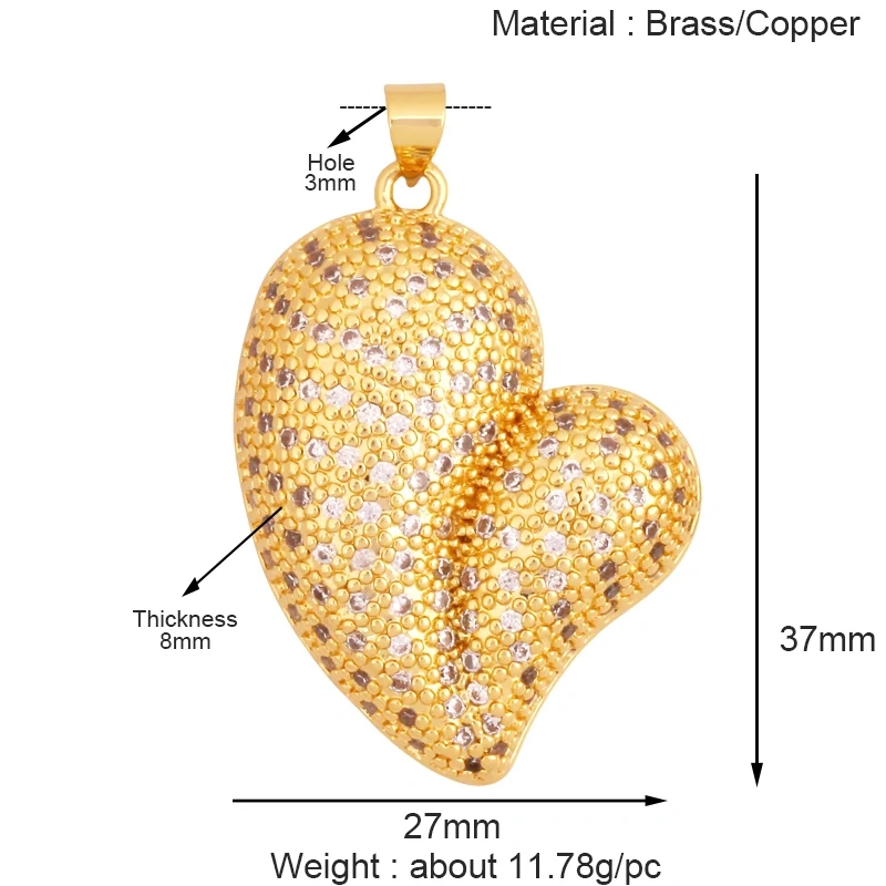 Luxury Classics Colourful Heart Shape Charm Pendant,Creative Love Heart Cubic Zirconia Real 18K Gold Plated Jewelry Supplies K92