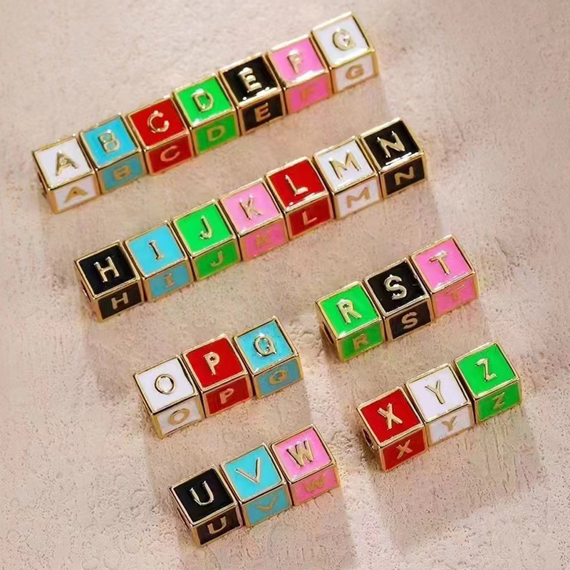 Square Cube Fashion Colorful Enamel Oil Dropped Initial Letter Name A-Z  Beads,18K Real Gold Plated,Jewelry Necklace Findings
