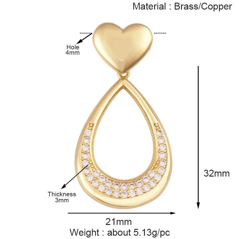 Luxury Classics Colourful Heart Shape Charm Pendant,Creative Love Heart Cubic Zirconia Real 18K Gold Plated Jewelry Supplies K92