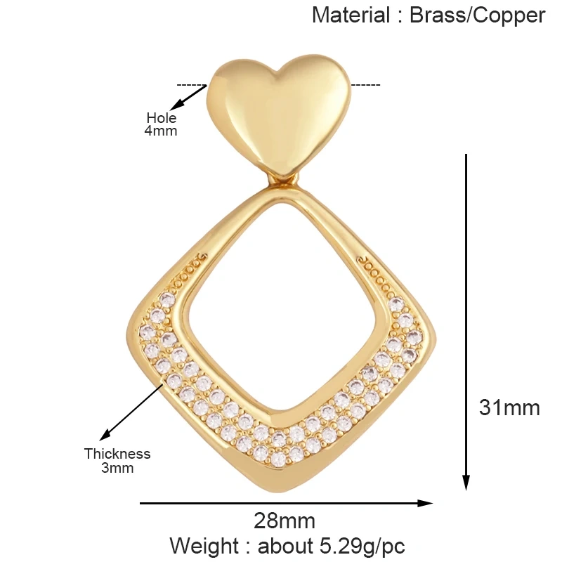 Luxury Classics Colourful Heart Shape Charm Pendant,Creative Love Heart Cubic Zirconia Real 18K Gold Plated Jewelry Supplies K92