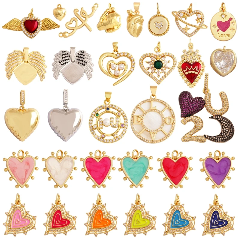 Colour Rainbow Love Heart Wing Shell Pearl Zircon Charm Pendant,18K Gold Plated Jewelry Findings Necklace Accessories Supply L49