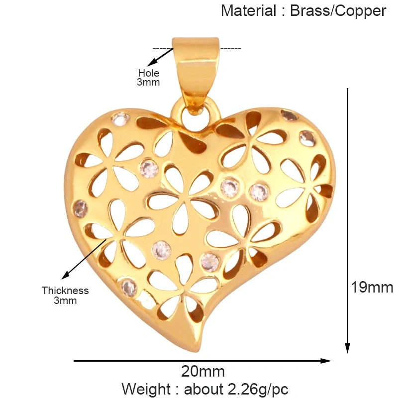 Luxury Classics Colourful Heart Shape Charm Pendant,Creative Love Heart Cubic Zirconia Real 18K Gold Plated Jewelry Supplies K92
