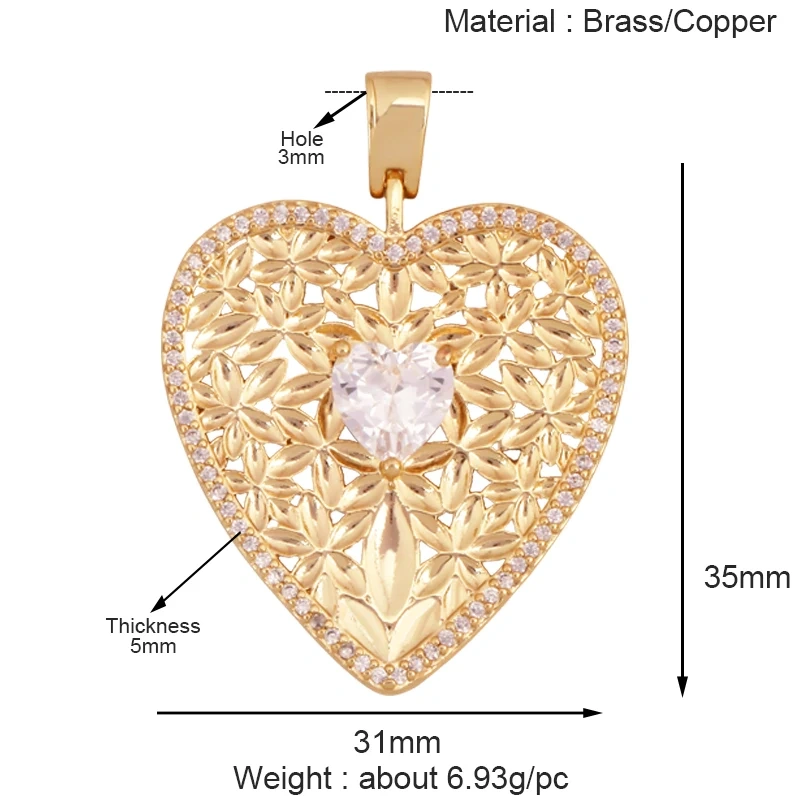 Colourful Fashion Heart Shape Charm Pendant,Classics Love Heart Cubic Zirconia Real 18K Gold Plated Craft Jewelry Supplies K96