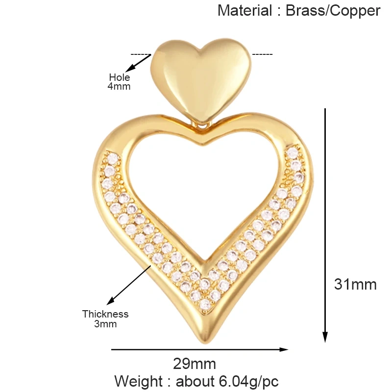 Luxury Classics Colourful Heart Shape Charm Pendant,Creative Love Heart Cubic Zirconia Real 18K Gold Plated Jewelry Supplies K92