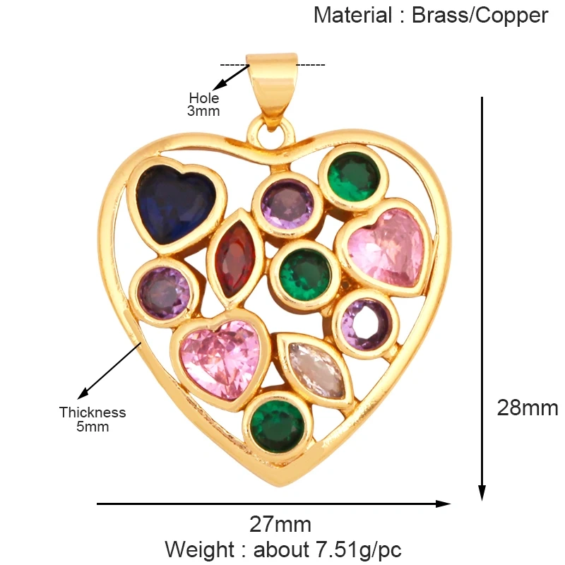 Luxury Classics Colourful Heart Shape Charm Pendant,Creative Love Heart Cubic Zirconia Real 18K Gold Plated Jewelry Supplies K92