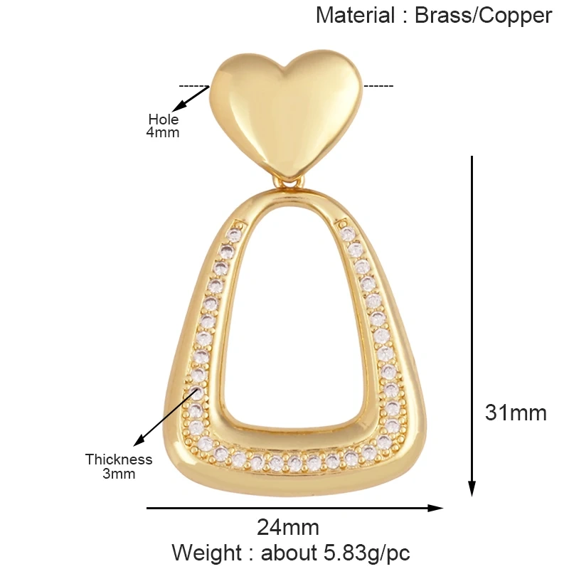Luxury Classics Colourful Heart Shape Charm Pendant,Creative Love Heart Cubic Zirconia Real 18K Gold Plated Jewelry Supplies K92