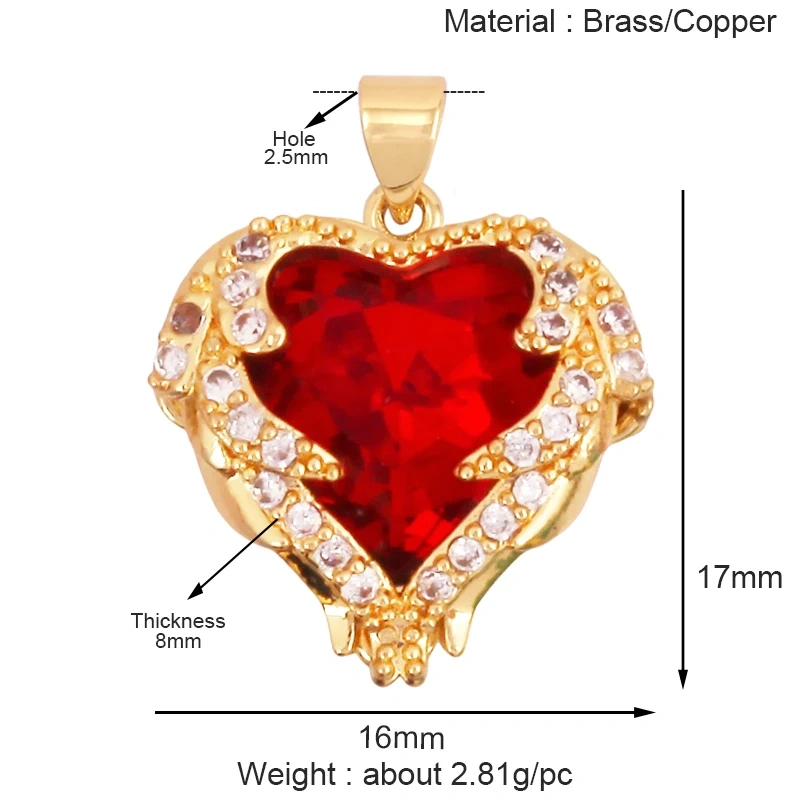 Colourful Fashion Heart Shape Charm Pendant,Classics Love Heart Cubic Zirconia Real 18K Gold Plated Craft Jewelry Supplies K96