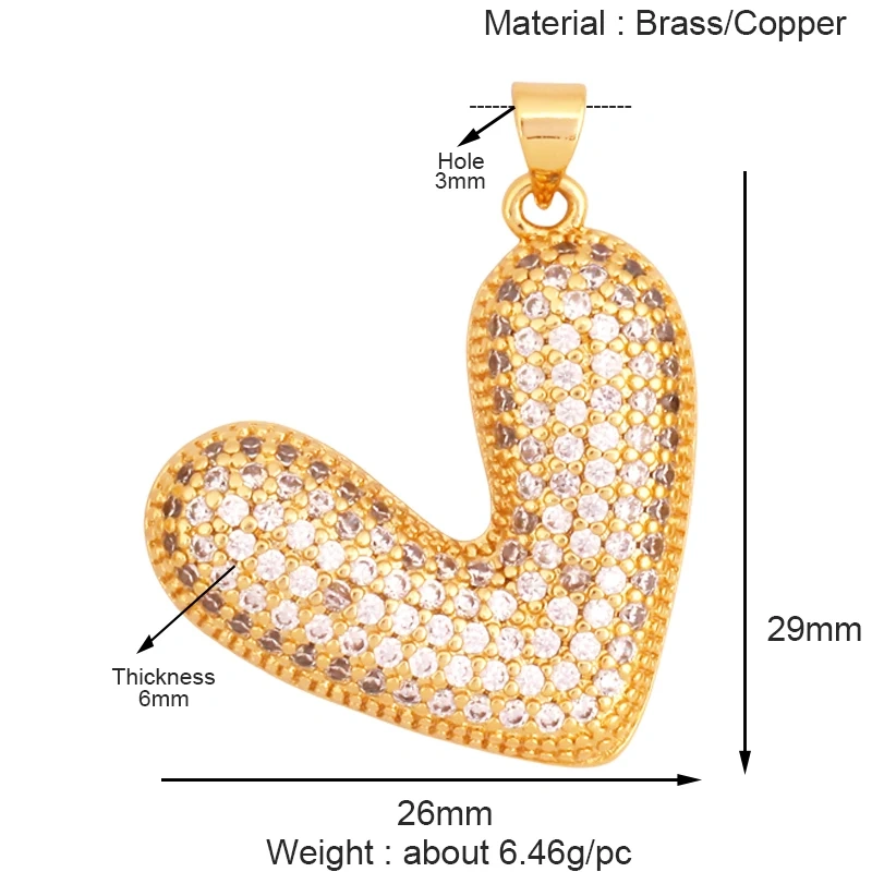 Luxury Classics Colourful Heart Shape Charm Pendant,Creative Love Heart Cubic Zirconia Real 18K Gold Plated Jewelry Supplies K92
