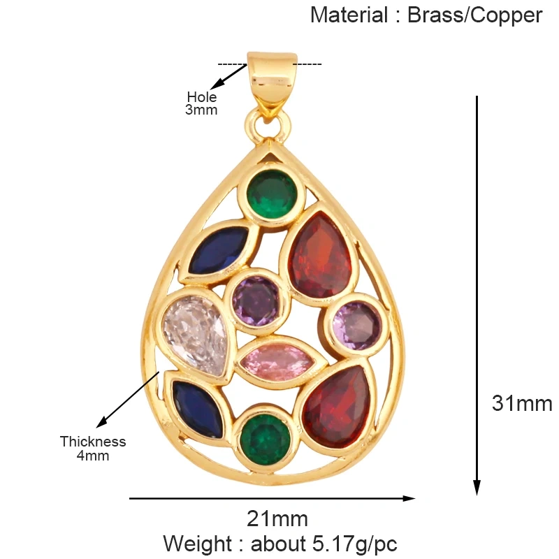 Luxury Classics Colourful Heart Shape Charm Pendant,Creative Love Heart Cubic Zirconia Real 18K Gold Plated Jewelry Supplies K92